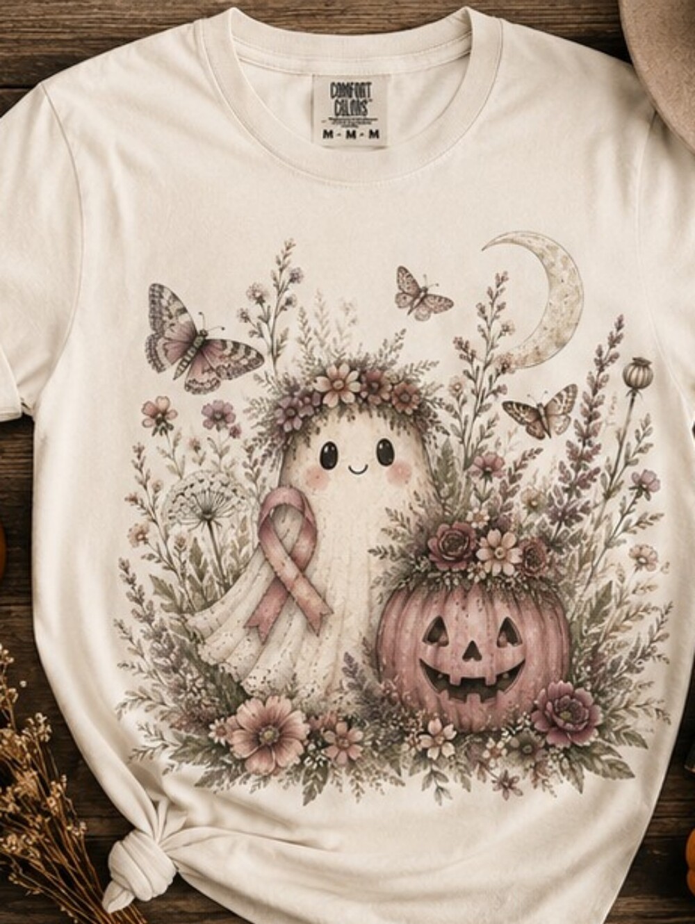Pink Halloween Ghost Floral Comfort Colors Tee Breast Cancer Awareness